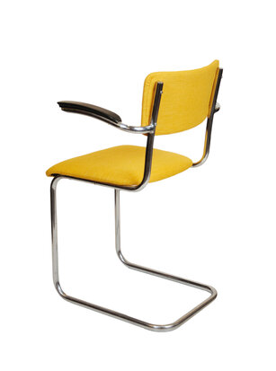 Vintage buisframe stoel met armleuningen opnieuw gestoffeerd
