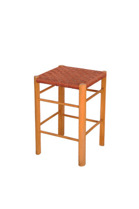 VERKOCHT Vintage houten kruk met touw zitting