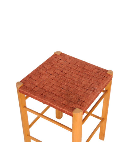 VERKOCHT Vintage houten kruk met touw zitting