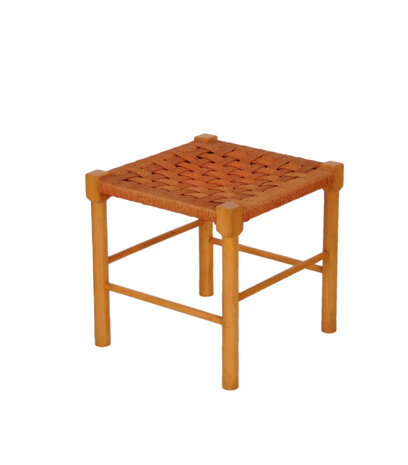 Vintage houten kruk met touw zitting