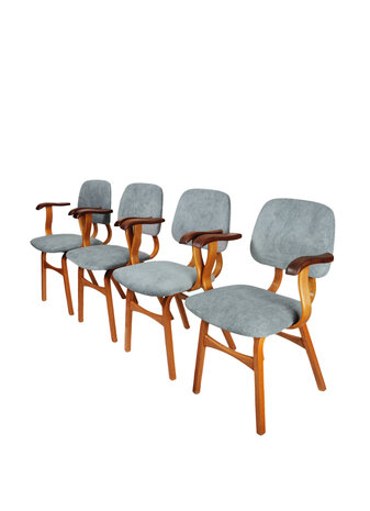 VERKOCHT Set van 4 vintage eetkamer stoelen opnieuw gestoffeerd