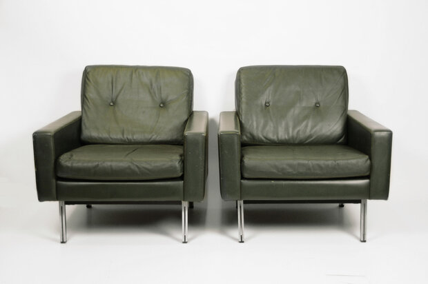 Groene leren vintage fauteuils